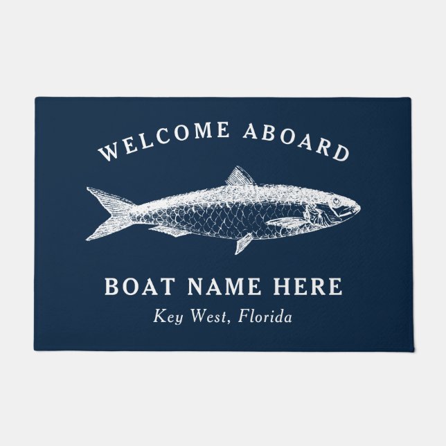 Nautical Navy Blue Welcome Aboard Boat Name Fish Doormat (Front)