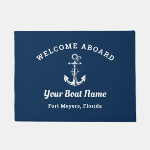 Nautical Navy Blue Welcome Aboard Ship Name Anchor Doormat