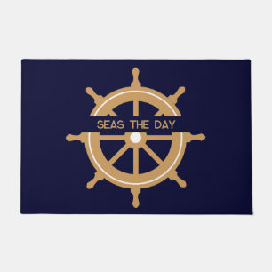 Nautical Navy Blue Wheel Custom Name Doormat