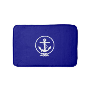 Nautical Navy Blue White Anchor Bath Mat
