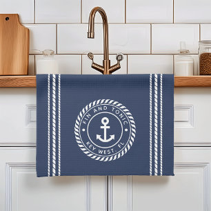 Nautical Navy Blue & White Anchor Boat Name Kitchen Towel