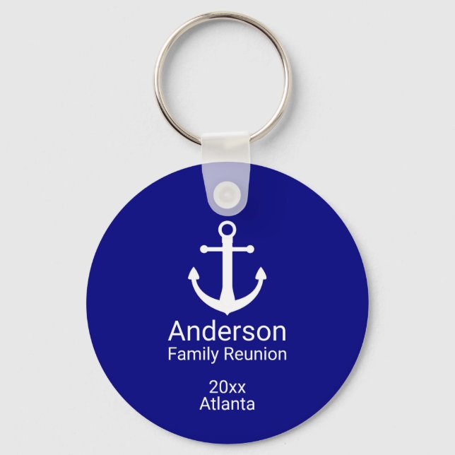 Nautical Navy Blue & White Anchor Family Reunion Keychain (Front)
