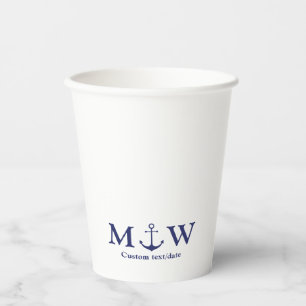 Nautical navy blue white anchor monogram wedding paper cups
