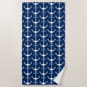 Nautical navy blue white anchor pattern beach towel