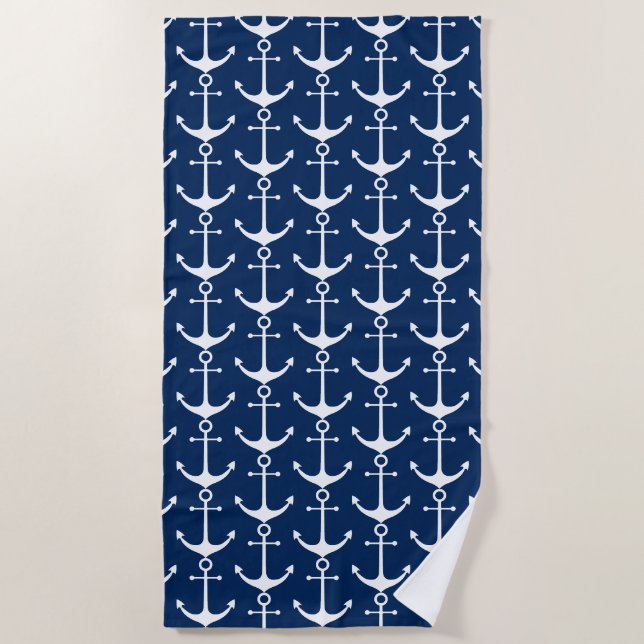Nautical navy blue white anchor pattern beach towel (Front)