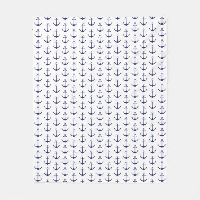 Nautical navy blue white anchor pattern modern fleece blanket (Front)