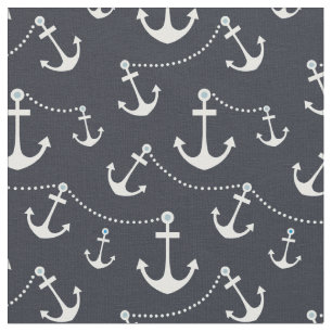 Nautical Navy Blue White Anchors Fabric
