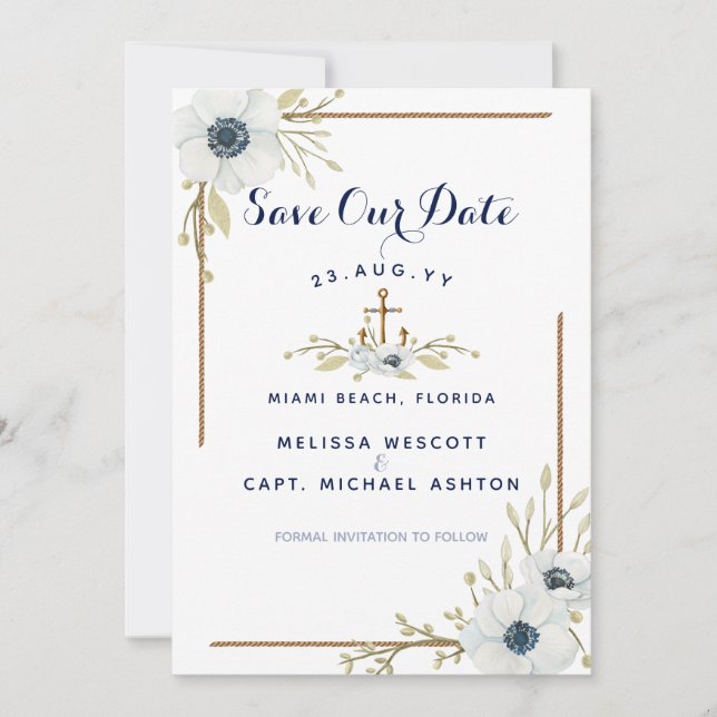 Nautical Navy Blue & White Anemone Anchor Wedding Save The Date (Front)