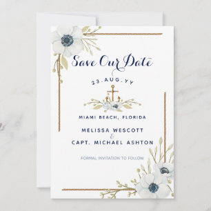 Nautical Navy Blue & White Anemone Anchor Wedding Save The Date