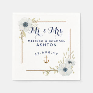 Nautical Navy Blue & White Anemone Dated Wedding Napkin