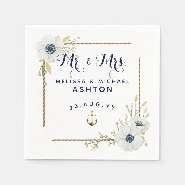 Nautical Navy Blue & White Anemone Dated Wedding Napkin (Front)