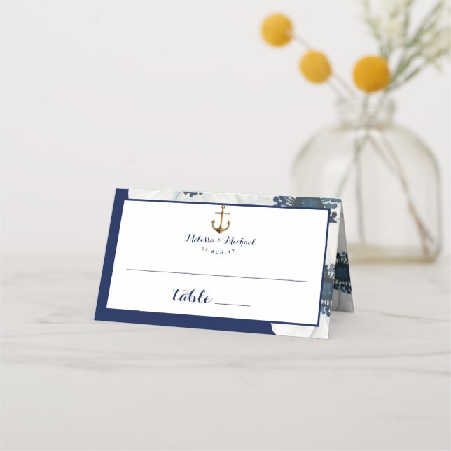 #Nautical Navy Blue & White Anemone Wedding Place Card (Front)