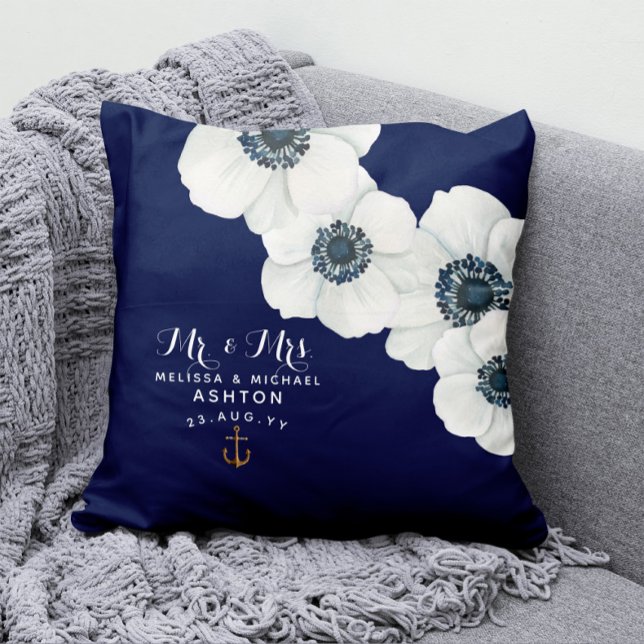 Nautical Navy Blue & White Anemones Dated Keepsake Throw Pillow (Creator Uploaded)