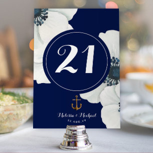 Nautical Navy Blue & White Cascading Anemones Table Number