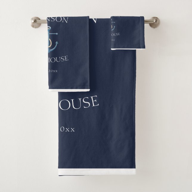 Nautical Navy Blue White Coastal Family Name Bath Towel Set (Insitu)