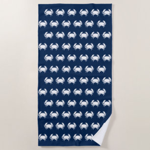 Nautical navy blue white crab pattern beach towel