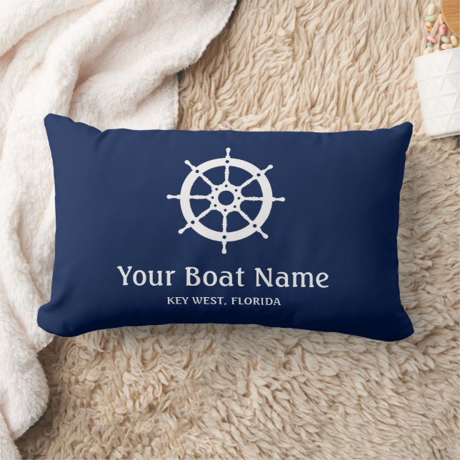 Nautical Navy Blue White Custom Boat Name Lumbar Pillow (Blanket)