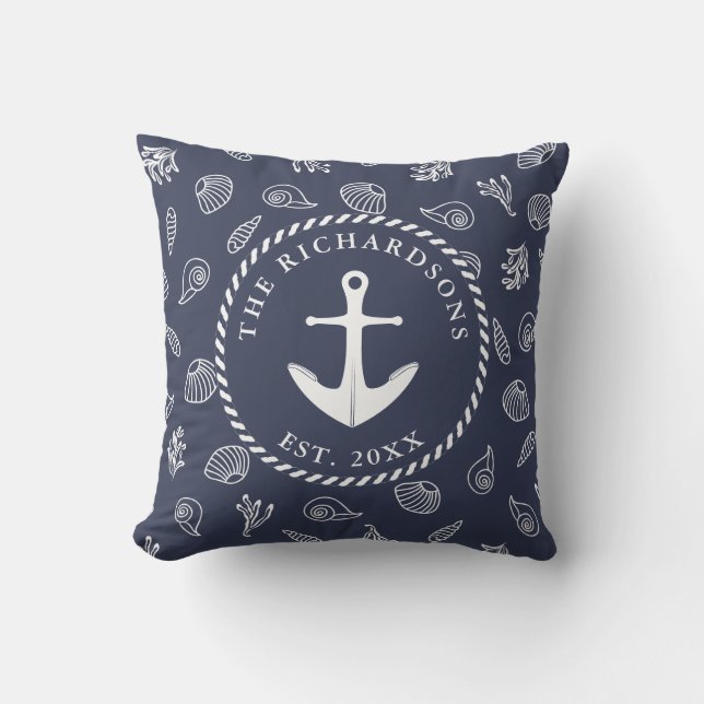 Nautical Navy Blue White Family Name Anchor Outdoor Pillow (Front)