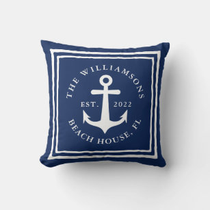 Nautical Navy Blue White Family Name Beach House Throw Pillow