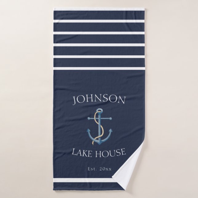Nautical Navy Blue White Family Name Lake House Bath Towel (Bath Towel)