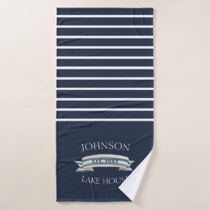 Nautical Navy Blue White Family Name Lake House Bath Towel