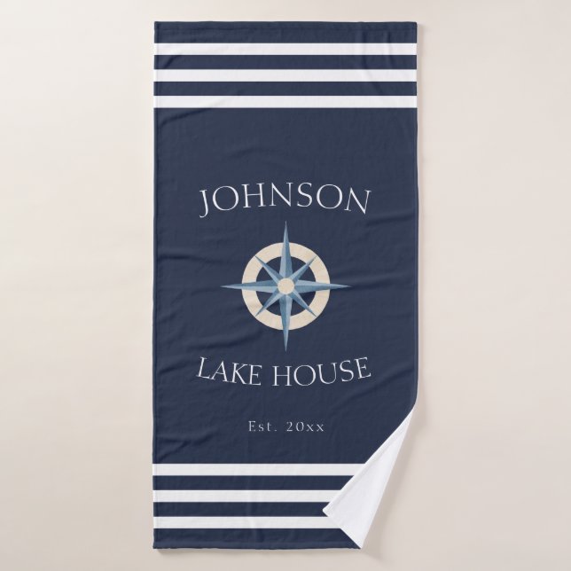Nautical Navy Blue White Family Name Lake House Bath Towel (Bath Towel)
