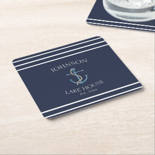 Nautical Navy Blue White Family Name Lake House Square Paper Coaster
