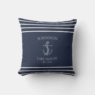 Nautical Navy Blue White Family Name Lake House Throw Pillow