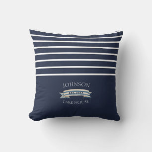 Nautical Navy Blue White Family Name Lake House Throw Pillow