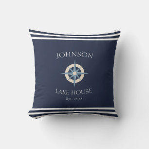 Nautical Navy Blue White Family Name Lake House Throw Pillow
