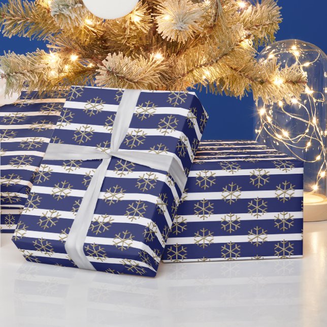 Nautical navy blue white gold snowflakes & stripes wrapping paper (Holidays)