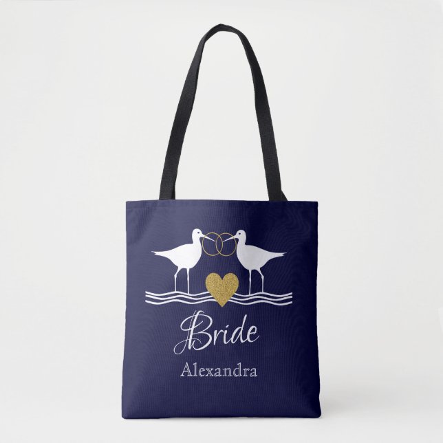 Nautical navy blue white gold wedding sandpipers   tote bag (Front)
