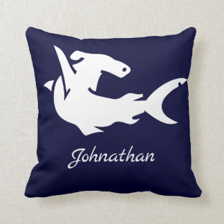 Nautical Navy Blue White Hammerhead Shark Name Throw Pillow