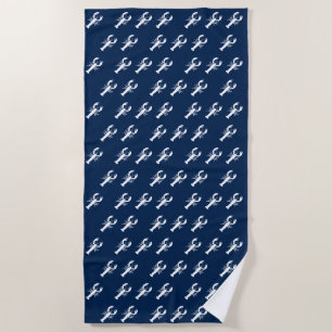 Nautical navy blue white lobster pattern beach towel