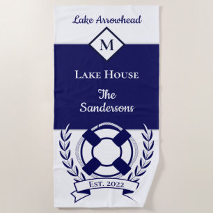 Nautical  Navy Blue White Monogram Lake House   Be Beach Towel