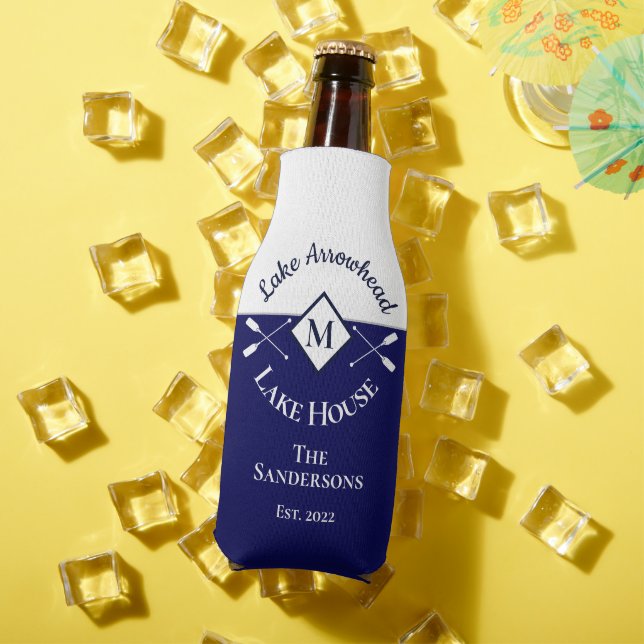 Nautical Navy Blue White Monogram Lake House  Bottle Cooler (In Situ Summer)