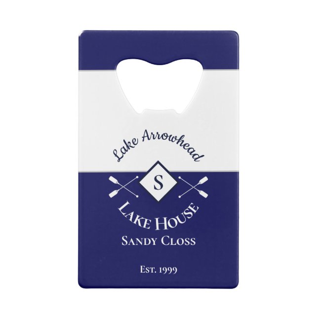 Nautical Navy Blue White Monogram Lake House Credit Card Bottle Opener (Back)