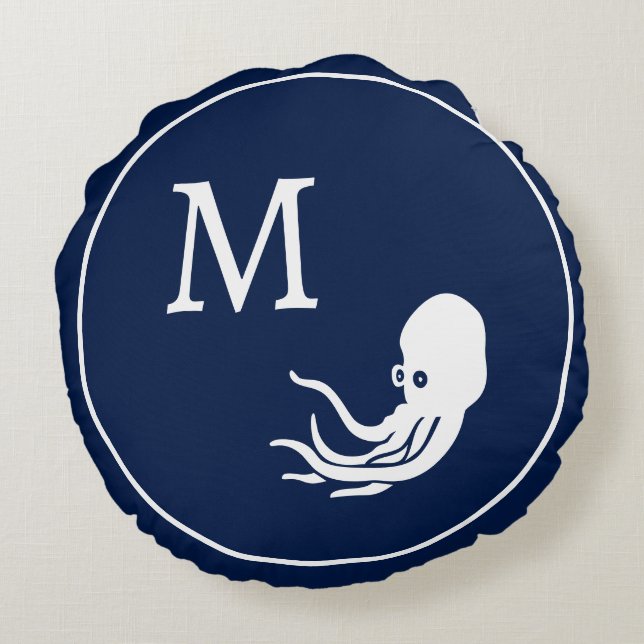 Nautical Navy blue white octopus Round Pillow (Back)
