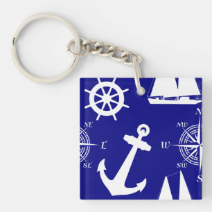 Nautical Navy Blue White Pattern Keychain