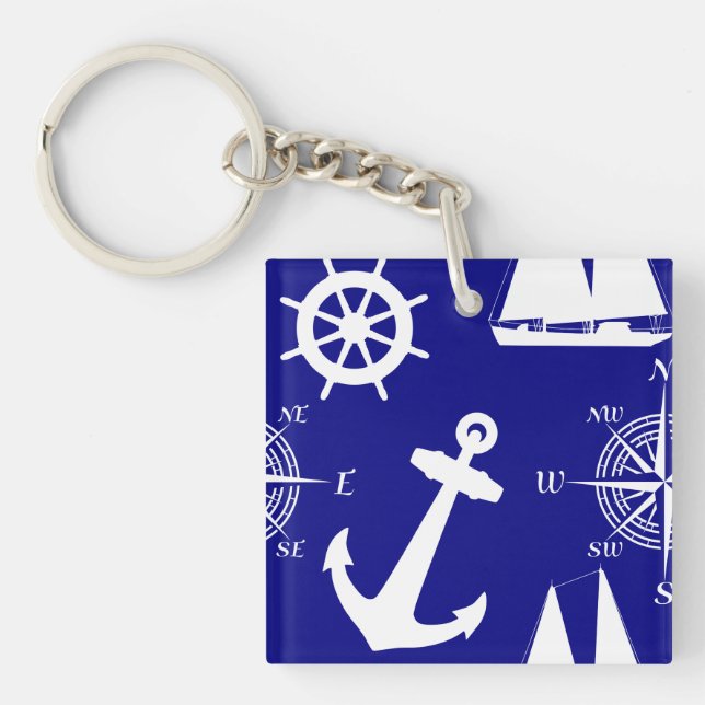 Nautical Navy Blue White Pattern Keychain (Front)