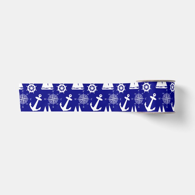 Nautical Navy Blue White Pattern Satin Ribbon (Front)
