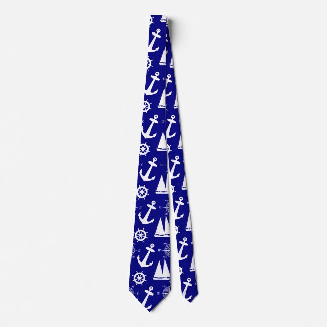 Nautical Navy Blue White Pattern Tie (Front)