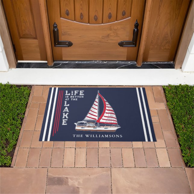 Nautical Navy Blue White Red Sail Boat Lake House Doormat (Outdoor)