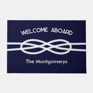 Nautical Navy Blue White Rope Welcome Aboard Doormat