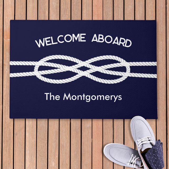 Nautical Navy Blue White Rope Welcome Aboard Doormat (Creator Uploaded)
