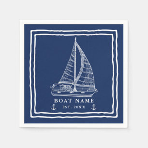 Nautical Navy Blue White Sailboat Anchor Boat Name Napkin