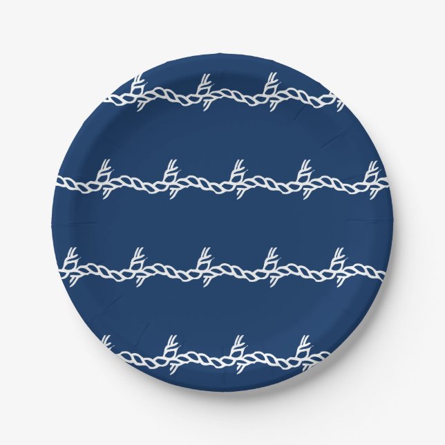 Nautical navy blue white sailing rope ocean waves paper plate (Front)