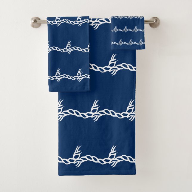 Nautical navy blue white sailing rope waves bath towel set (Insitu)