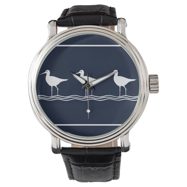 Nautical navy Blue White Sand Pipers Water lovers Watch (Front)