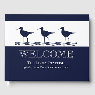 Nautical Navy Blue White Sandpiper beach house Guest Book